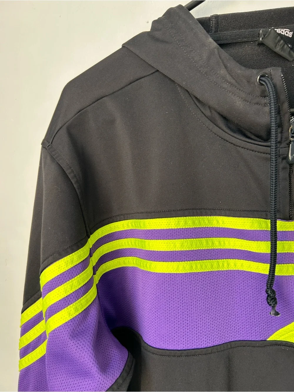 adidas Hoodie Mens Colorblock Black Purple Neon Yellow 1/4 Zip Pullover Athletic